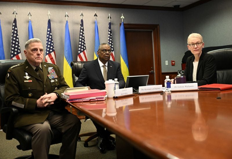 U.S. Chairman of the Joint Chiefs of Staff General Mark Milley, U.S. Defense Secretary Lloyd Austin and U.S. Assistant Secretary of Defense for International Security Affairs Celeste Wallander attend a virtual meeting of Ukraine Defense Contact Group, at the Pentagon in Washington, U.S. March 15, 2023. Andrew Caballero-Reynolds/Pool via REUTERS