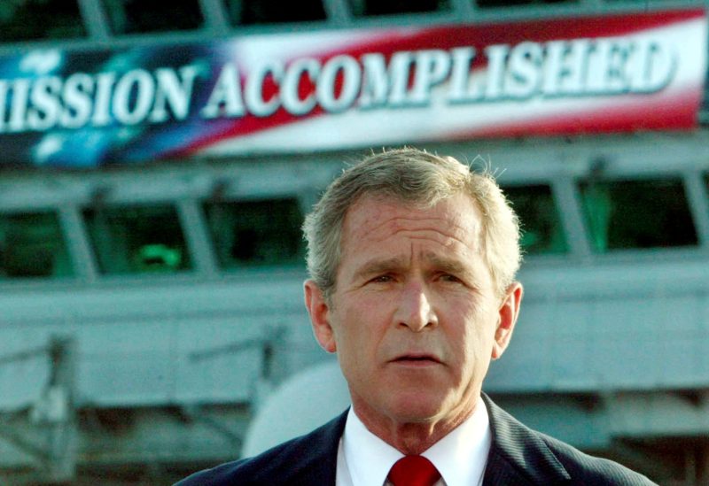 The White House said on October 29, 2003 that it had helped with the production of a "Mission Accomplished" banner as a backdrop for President George W. Bush's speech onboard the USS Abraham Lincoln to declare combat operations over in Iraq. This file photo shows Bush delivering a speech to crew aboard the aircraft carrier USS Abraham Lincoln, as the carrier steamed toward San Diego, California on May 1, 2003. REUTERS/Larry Downing/FILE KL/GN/GAC/File Photo