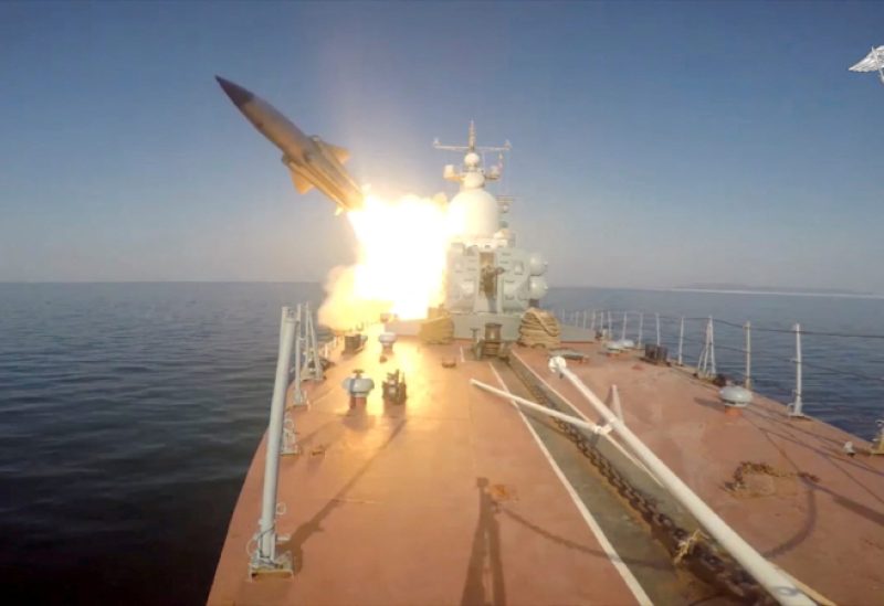 A still image from video, released by Russia's Defence Ministry, shows what it said to be a missile ship of Russia's Pacific Fleet firing a Moskit cruise missile at a mock enemy sea target in the waters of the Sea of Japan, in this still image taken from video released March 28, 2023. Russian Defence Ministry/Handout via REUTERS