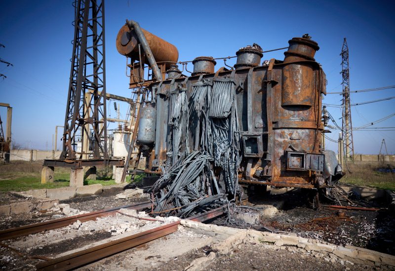 A view shows a power transformer at a compound of a power substation damaged by a Russian military strike, amid Russia's attack on Ukraine, in Kherson region, Ukraine March 23, 2023. Ukrainian Presidential Press Service/Handout via REUTERS