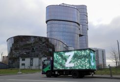 A truck displaying the symbols "Z" in support of the Russian armed forces involved in a military conflict in Ukraine is parked outside PMC Wagner Centre - REUTERS