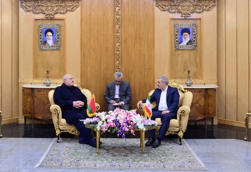 Belarusian President Alexander Lukashenko and Iranian Minister of Industry, Mining and Trade Seyyed Reza Fatemi Amin attend a meeting in Tehran, Iran, March 12, 2023. BelTA/Andrei Stasevich/Handout via REUTERS ATTENTION EDITORS - THIS IMAGE WAS PROVIDED BY A THIRD PARTY. NO RESALES. NO ARCHIVES. MANDATORY CREDIT. THIS PICTURE WAS PROCESSED BY REUTERS TO ENHANCE QUALITY. AN UNPROCESSED VERSION HAS BEEN PROVIDED SEPARATELY.