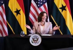 U.S. Vice President Kamala Harris meets with women entrepreneurs during her week-long trip to Ghana, Tanzania and Zambia, in Accra, Ghana March 29, 2023. REUTERS