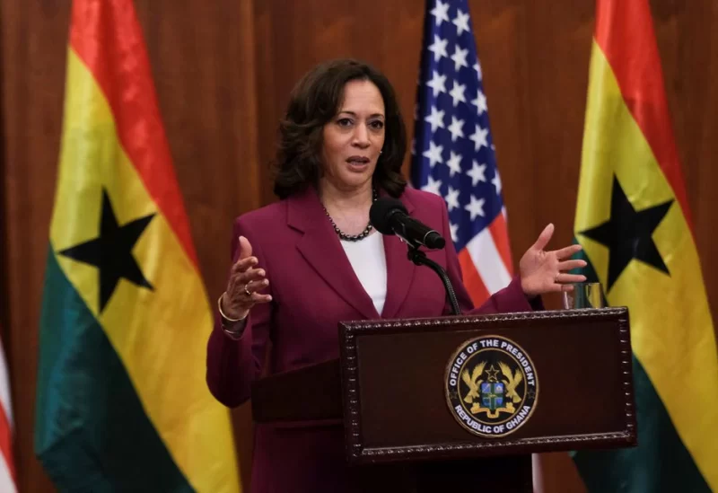 U.S. Vice President Kamala Harris addresses the press during her week-long trip to Ghana, Tanzania and Zambia, in Accra, Ghana March 27, 2023. REUTERS