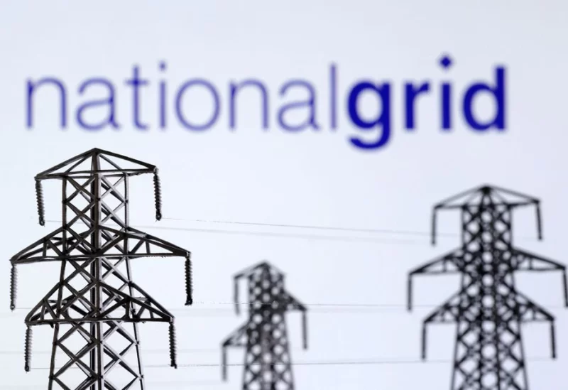 Electric power transmission pylon miniatures and National Grid logo are seen in this illustration taken, December 9, 2022. REUTERS