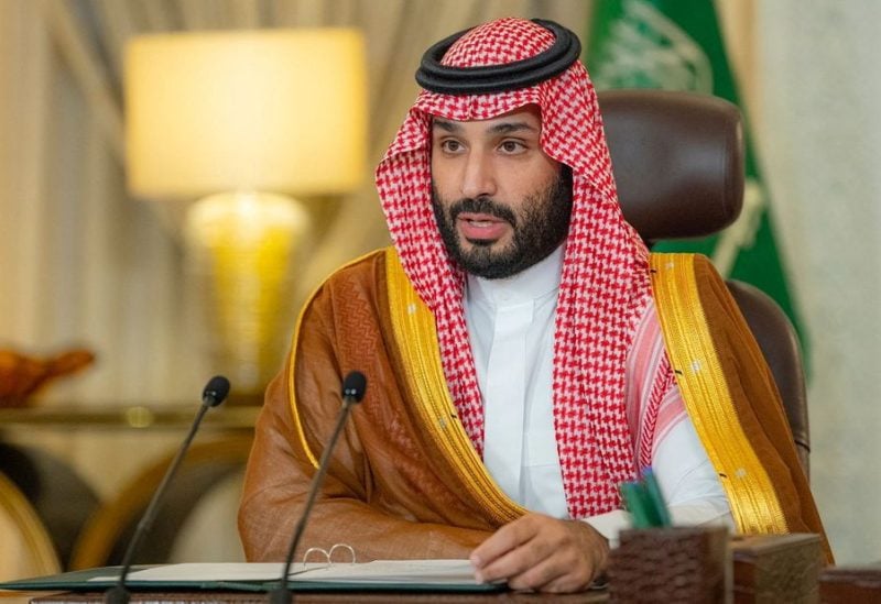 Saudi Crown Prince Mohammed bin Salman gives a speech from his office as he addresses the Saudi Green Initiative forum opening ceremony, in Riyadh, Saudi Arabia
