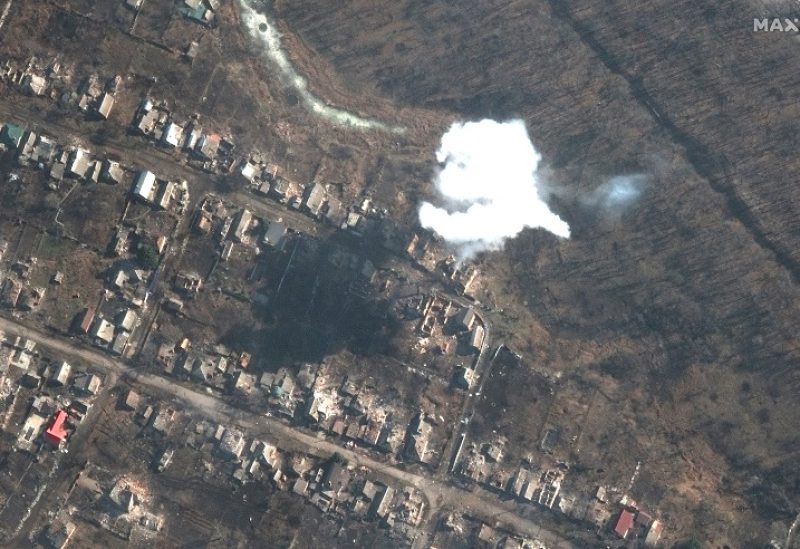 A satellite image shows smoke from recently dropped ordnance, amid Russia's attack on Ukraine, in southern Bakhmut, Ukraine, March 6, 2023. Maxar Technology/Handout via REUTERS ATTENTION EDITORS - THIS IMAGE HAS BEEN SUPPLIED BY A THIRD PARTY. MANDATORY CREDIT. NO RESALES. NO ARCHIVES. DO NOT OBSCURE LOGO.