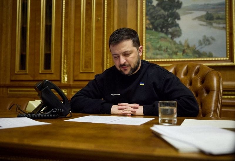 Ukraine's President Volodymyr Zelenskiy speaks with British Prime Minister Rishi Sunak via phone, amid Russia's attack on Ukraine, in Kyiv, Ukraine March 16, 2023. Ukrainian Presidential Press Service/Handout via REUTERS ATTENTION EDITORS - THIS IMAGE HAS BEEN SUPPLIED BY A THIRD PARTY.