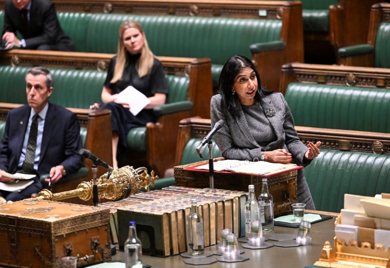 British Secretary of State for the Home Department Suella Braverman makes a Statement on the Baroness Casey Review in London, Britain, March 21, 2023. UK Parliament/Andy Bailey/Handout via REUTERS THIS IMAGE HAS BEEN SUPPLIED BY A THIRD PARTY. MANDATORY CREDIT. IMAGE MUST NOT BE ALTERED.