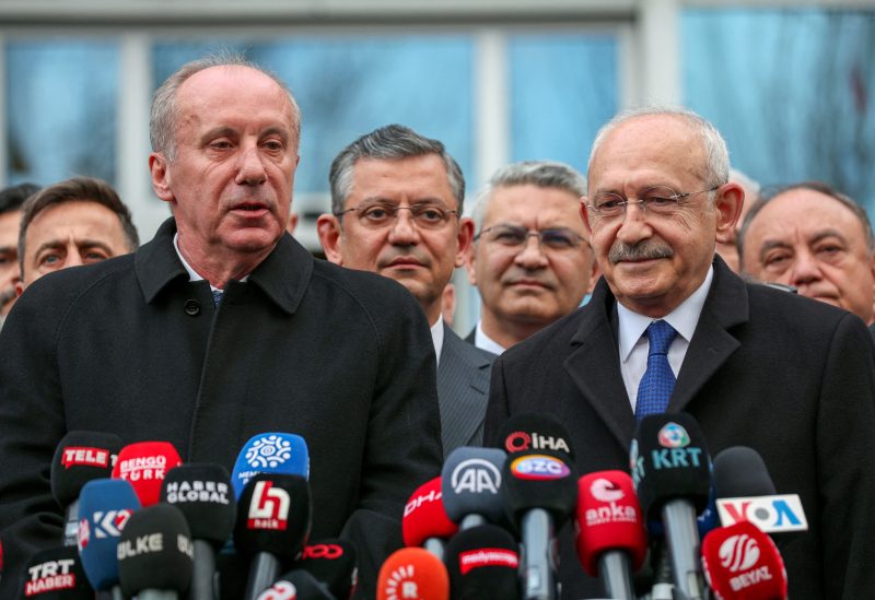 Kemal Kilicdaroglu, head of Turkey's main opposition Republican People's Party (CHP) and the presidential candidate of the main opposition alliance in May elections, and the other candidate Homeland Party's leader Muharrem Ince talk to media after their meeting with in Ankara, Turkey March 29, 2023. Alp Eren Kaya/Republican People's Party/Handout via REUTERS