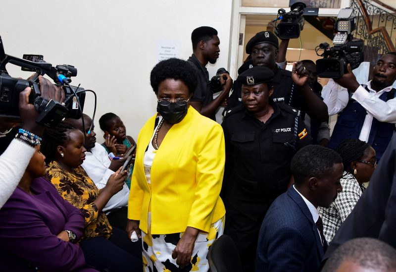 Ugandan Karamoja Affairs minister Mary Goretti Kitutu, 61, arrives at the anti-corruption court where she was charged with corruption and conspiracy to commit felony when she diverted 9,000 pre-printed iron sheets meant for the Karamoja Community Empowerment Program, in Kololo, Kampala, Uganda April 6, 2023. REUTERS/Abubaker Lubowa