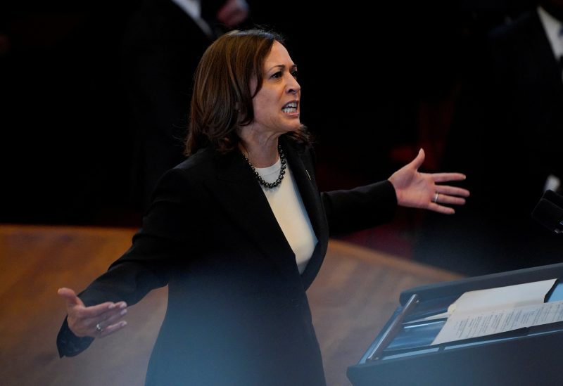 U.S. Vice President Kamala Harris speaks during an address at Fisk Memorial Chapel a day after the Tennessee House of Representatives voted to expel two Democratic members, representatives Justin Pearson and Justin Jones, for their roles in a gun control demonstration at the Tennessee State Capitol, in Nashville, Tennessee, U.S., April 7, 2023. REUTERS/Cheney Orr