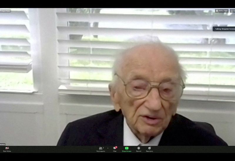 Benjamin Ferencz, former chief prosecutor in the Nuremberg trials, speaks during a video interview from his home in Delray Beach, Florida, U.S., November 18, 2020, in this still image obtained from a video. Reuters TV via REUTERS