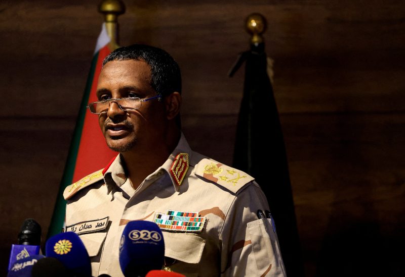 Deputy head of Sudan's sovereign council General Mohamed Hamdan Dagalo speaks during a press conference at Rapid Support Forces head quarter in Khartoum, Sudan February 19, 2023. REUTERS/Mohamed Nureldin Abdallah/File Photo
