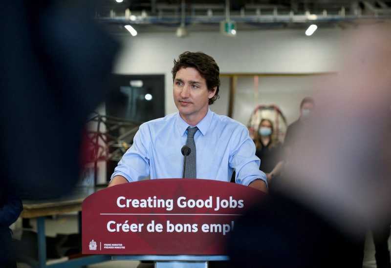Canada's Prime Minister Justin Trudeau speaks to the media about Budget 2023 at the University of Manitoba in Winnipeg, Manitoba, Canada April 12, 2023. REUTERS/Shannon VanRaes