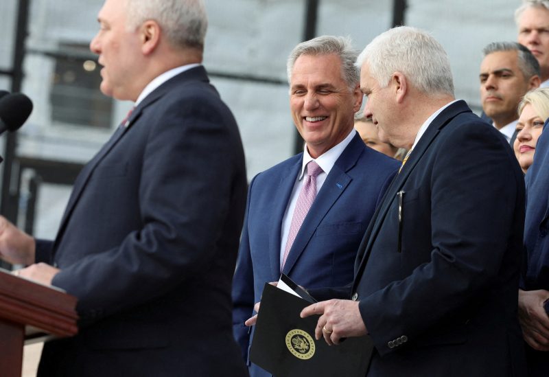 U.S. House Speaker Kevin McCarthy (R-CA) shares a laugh with Whip Rep. Tom Emmer (R-MN) during a press conference about the Republican party’s upcoming legislative agenda and accomplishments in the first one hundred days of holding the majority in the House of Representatives on Capitol Hill in Washington, U.S., April 17, 2023. REUTERS/Amanda Andrade-Rhoades/File Photo