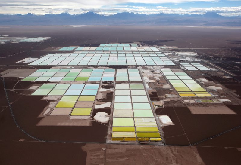 An aerial view shows the brine pools and processing areas of the Soquimich (SQM) lithium mine on the Atacama salt flat in the Atacama desert of northern Chile, January 10, 2013.REUTERS/Ivan Alvarado/File Photo