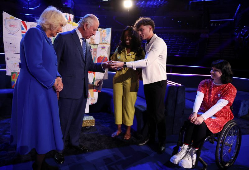 Britain's King Charles and Camilla, Queen Consort meet the presenters and invited viewers of TV show 'Blue Peter', as they visit the host venue of this year's Eurovision Song Contest, the M&S Bank Arena in Liverpool, Britain April 26, 2023. REUTERS/Phil Noble/Pool