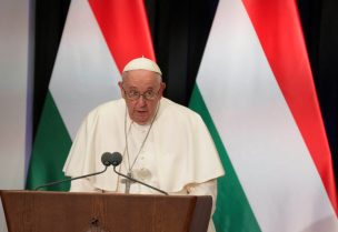 Pope Francis delivers his speech during a meeting with the authorities, civil society, and the diplomatic corps in the former Carmelite Monastery in Budapest, Hungary, April 28, 2023. Andrew Medichini/Pool via REUTERS
