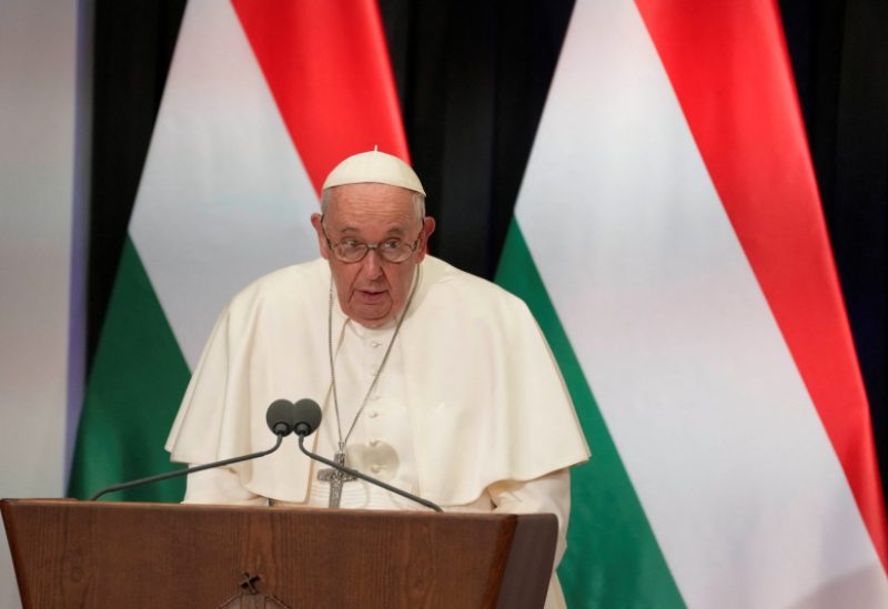 Pope Francis delivers his speech during a meeting with the authorities, civil society, and the diplomatic corps in the former Carmelite Monastery in Budapest, Hungary, April 28, 2023. Andrew Medichini/Pool via REUTERS