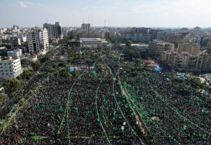 Palestinian Hamas supporters attend a rally marking the 35th anniversary of the movement founding, in Gaza City, December 14, 2022. REUTERS/Mohammed Salem