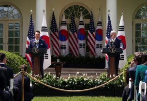 U.S. President Joe Biden and South Korea's President Yoon Suk Yeol hold a joint news conference in the Rose Garden of the White House in Washington, U.S. April 26, 2023. REUTERS