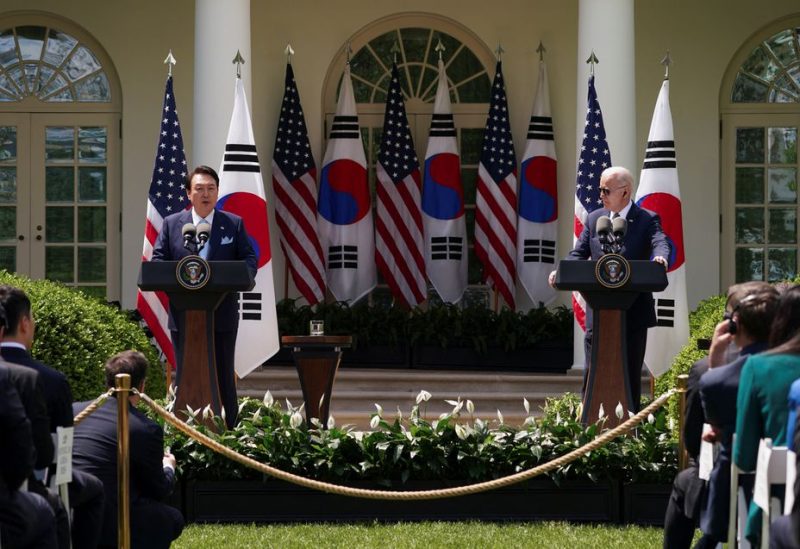 U.S. President Joe Biden and South Korea's President Yoon Suk Yeol hold a joint news conference in the Rose Garden of the White House in Washington, U.S. April 26, 2023. REUTERS