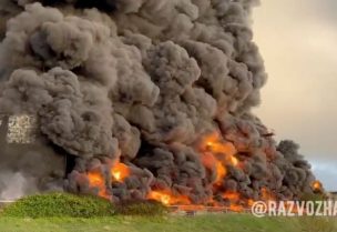 A still image from a video shows smoke rising following an alleged drone attack on oil depot in Sevastopol, Crimea, April 29, 2023