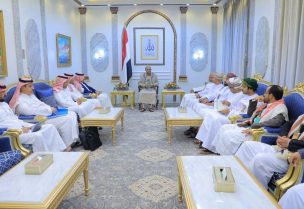 Head of the Houthi Supreme Political Council, Mahdi al-Mashat, meets with Saudi and Omani delegations at the Republican Palace in Sanaa, Yemen April 9, 2023. Saba News Agency/Handout via REUTERS