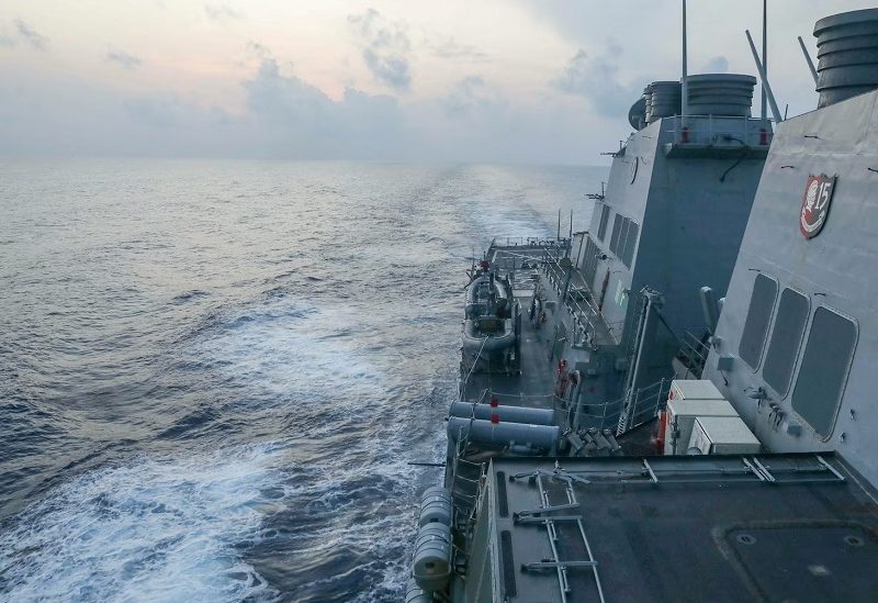 The Arleigh Burke-class guided-missile destroyer USS Milius (DDG-69), deployed to the U.S. 7th Fleet area of operations, conducts underway operations, at an undisclosed location in South China Sea, in this handout picture released on April 10, 2023. U.S. Navy/Handout via REUTERS ATTENTION EDITORS - THIS IMAGE WAS PROVIDED BY A THIRD PARTY.