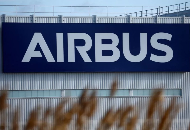 The logo of Airbus is pictured at the Airbus facility in Montoir-de-Bretagne near Saint-Nazaire, France, March 4, 2022. REUTERS