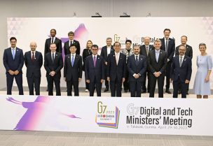 Digital and technology ministers attend a photo session during the G7 Digital and Tech Ministers' Meeting in Takasaki, Gunma Prefecture, Japan, on April 29, 2023, in this photo taken by Kyodo. Mandatory credit Kyodo via REUTERS