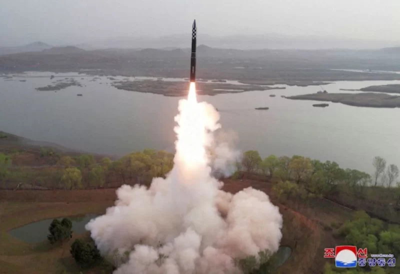 A view of a test launch of a new solid-fuel intercontinental ballistic missile (ICBM) Hwasong-18 at an undisclosed location in this still image of a photo used in a video released by North Korea's Korean Central News Agency (KCNA) April 14, 2023. KCNA via REUTERS