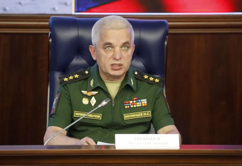 Mikhail Mizintsev, Russia's Colonel General and head of the National Centre for State Defense Control, speaks during a session, held by the Joint Coordination Centre of the Defence and Foreign Ministries of Russia