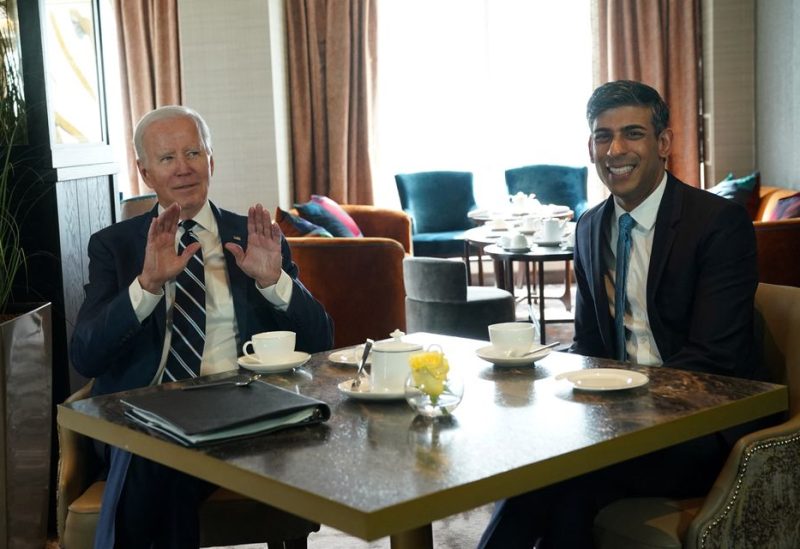 U.S. President Joe Biden meets British Prime Minister Rishi Sunak at the Grand Central Hotel, Belfast, Northern Ireland April 12, 2023. REUTERS