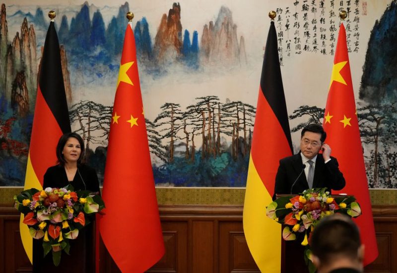 German Foreign Minister Annalena Baerbock and Chinese Foreign Minister Qin Gang attend a joint press conference at the Diaoyutai State Guesthouse in Beijing, China, April 14, 2023 - REUTERS
