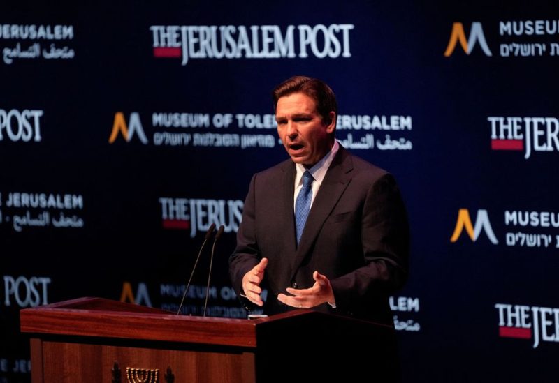 Florida Governor Ron DeSantis gestures during a conference titled "Celebrate the Faces of Israel" at Jerusalem's Museum of Tolerance, April 27, 2023.