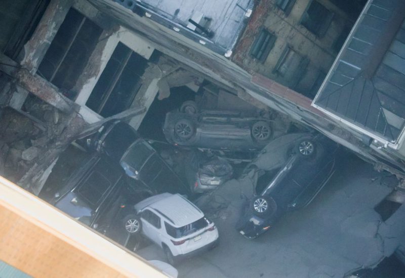 Cars are seen piled up after the collapse of a parking garage in the Manhattan borough of New York City, U.S., April 18, 2023. REUTERS