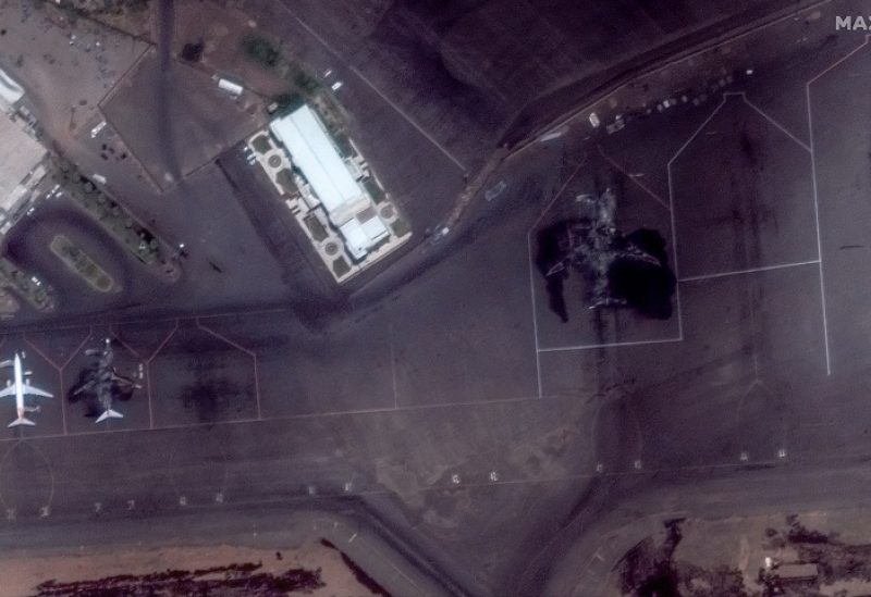 Satellite image shows incinerated passenger planes at Khartoum International Airport in Khartoum, Sudan April 16, 2023, in this handout image. Courtesy of Maxar Technologies/Handout via REUTERS. THIS IMAGE HAS BEEN SUPPLIED BY A THIRD PARTY. NO RESALES. NO ARCHIVES. MANDATORY CREDIT. MUST NO OBSCURE LOGO