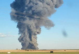Smoke rises at the Southfork Dairy Farms, after an explosion and a fire killed around 18,000 cows, near Dimmitt, Texas, U.S., April 11, 2023, in this picture obtained from social media. Castro County Emergency Management/Local News X/TMX/via REUTERS