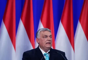 Hungarian Prime Minister Viktor Orban delivers his annual State of the Nation speech, in Budapest, Hungary, February 18, 2023. REUTERS