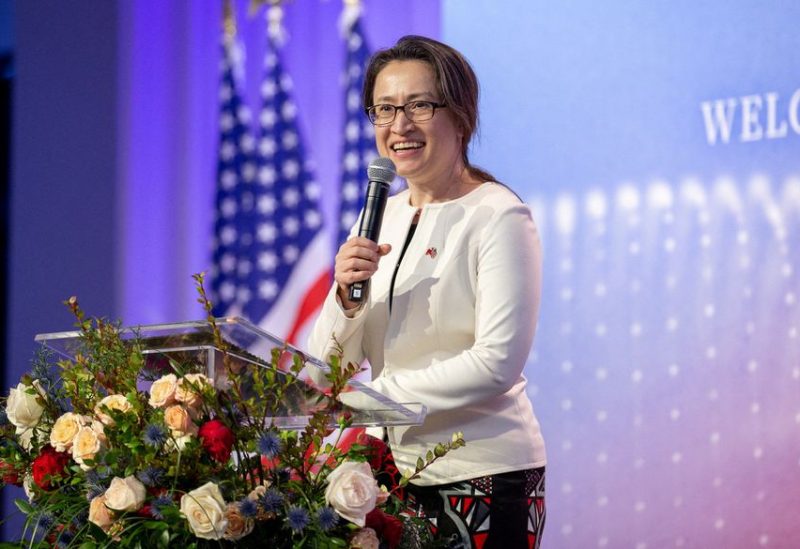 Hsiao Bi-khim, Taiwan's top representative in U.S., speaks during an event with Taiwan's President Tsai Ing-wen and members of the Taiwanese community, in New York, U.S., in this handout picture released March 30, 2023. Taiwan Presidential Office/Handout via REUTERS