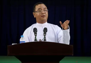 Myanmar's military junta spokesman Zaw Min Tun speaks during the information ministry's press conference in Naypyitaw, Myanmar, March 23, 2021. REUTERS