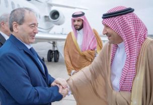 Saudi Arabia's Deputy Foreign Minister Waleed Al-Khuraiji welcoming the Syrian Foreign Minister Faisal Mekdad upon his arrival at King Abdulaziz Airport in Jeddah. - Reuters