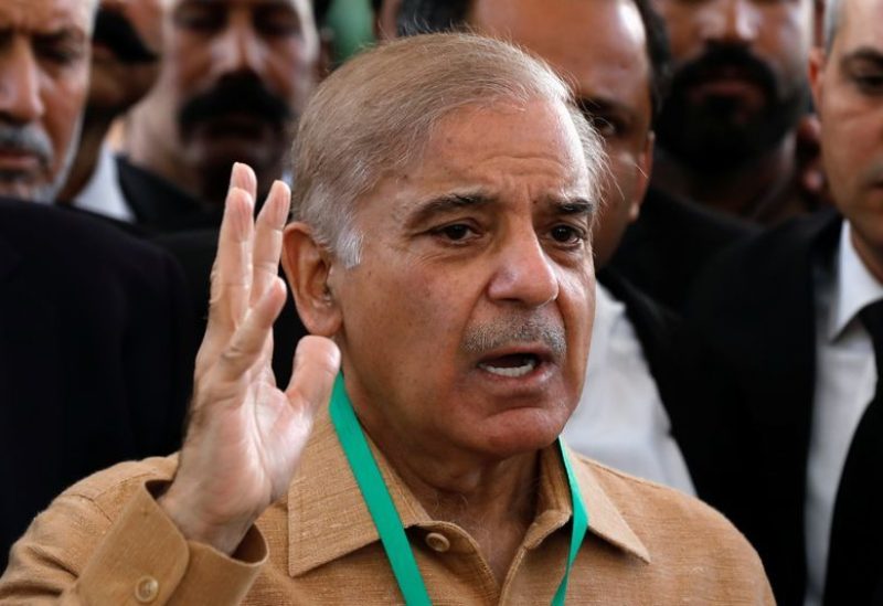 Leader of the opposition Mian Muhammad Shahbaz Sharif, brother of ex-Prime Minister Nawaz Sharif, gestures as he speaks to the media at the Supreme Court of Pakistan in Islamabad, Pakistan April 5, 2022. REUTERS/Akhtar Soomro
