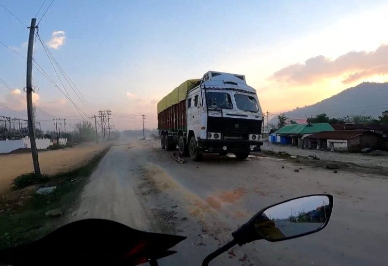 A view of a truck with its windshield broken, in Manipur, India, May 6, 2023, in this screengrab obtained from a social media video. Instagram @the_mj_rider via REUTERS
