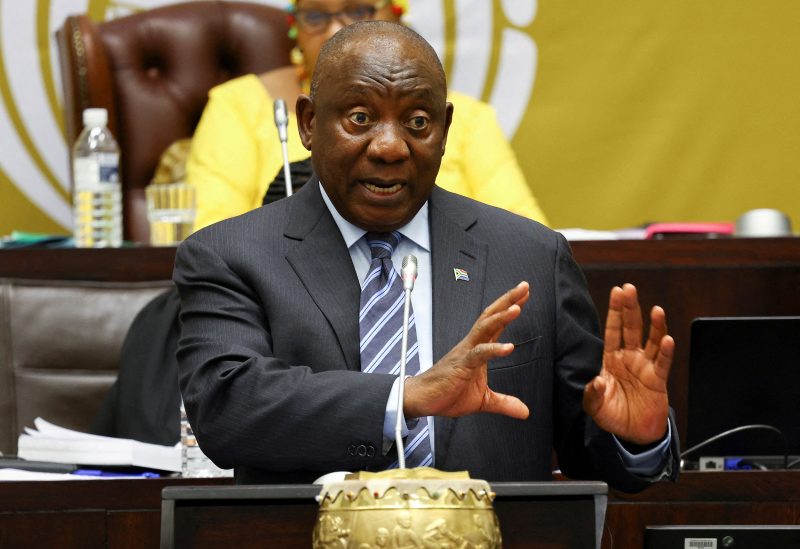 South African President Cyril Ramaphosa responds to questions in parliament surrounding cash allegedly kept on his private farm, and on frequent power outages, as South Africa's struggling power utility Eskom implements regular power cuts, in Cape Town, South Africa, September 29, 2022. REUTERS/Esa Alexander