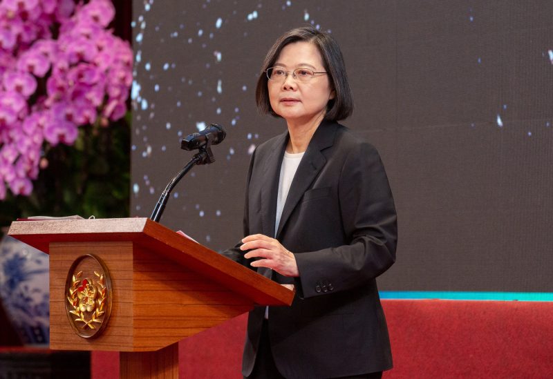 Taiwan President Tsai Ing-wen delivers a speech on the day of her seventh year anniversary since she held office in Taipei, Taiwan May 20, 2023. Taiwan Presidential Office/Handout via REUTERS
