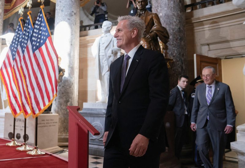 Speaker of the House Kevin McCarthy (R-CA) arrives for a portrait unveiling ceremony for former Speaker of the House Paul Ryan on Capitol Hill in Washington, U.S., May 17, 2023. REUTERS/Nathan Howard/
