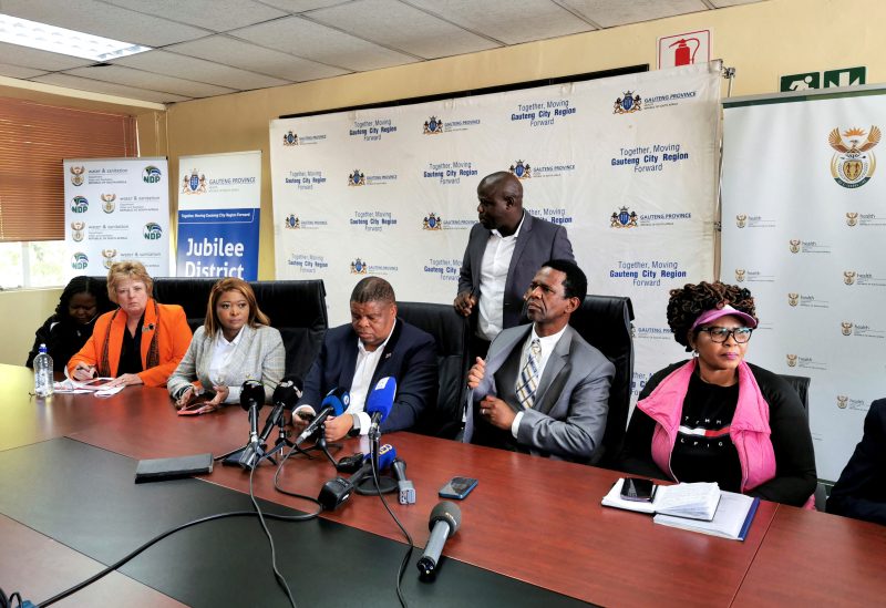 Deputy Ministers of Water Affairs, David Mahlobo and Health, Sibongiseni Dhlomo along with other officials brief the media over the death of fifteen people during a cholera outbreak at Jubilee District Hospital in Hammanskraal, South Africa May 22, 2023 REUTERS/Catherine Schenck.